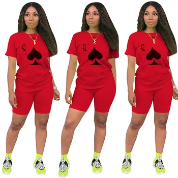 Krátký Rukáv O-Krk Plná Barva Spade Poker Q Print T-Shirt & Motorkářské Kalhoty Dámské Oblek Oblečení Dva Dílná Sada