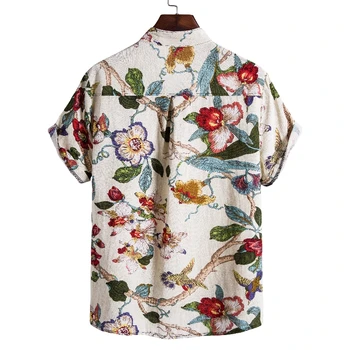 Květinové Pták Módní Tisk Bavlněné Prádlo Košile Muži 2020 Značky Pruhovaný Límec Krátký Rukáv Košile Muži Příležitostné Tlačítko Dolů Košile 3XL