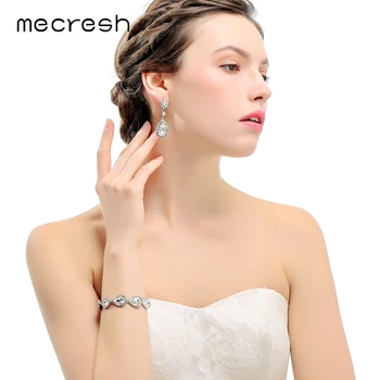 Mecresh Stříbrná Barva Crystal svatební Svatební Šperky Sady Jasné Slza Náramek Náušnice Šperky Sady pro Ženy EH444+SL051