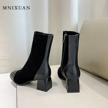 MNIXUAN ruský styl módní boty žena 2019new náměstí toe ženy boot zimní dámské kotníkové boty husté vysoké podpatky černé botičky