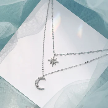 ModaOne Double Star Moon Stříbrné Barvy Se Zirkony Klíční Kost Řetěz Náhrdelník Pro Ženy, Dívky, Jednoduché Elegantní Módní Šperky
