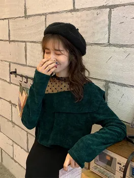 Na podzim roku 2020 nový korejský styl polka dot mesh sešívání šaty bez ramínek s dlouhými rukávy T-rukáv ženské design smysl čtyř-barevné topy