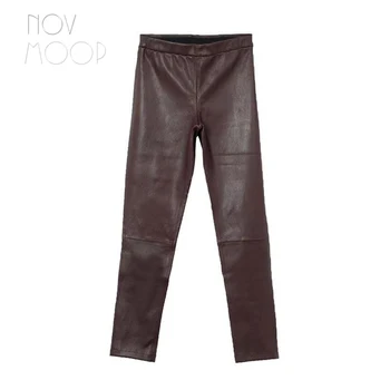 Novmoop high street ležérní styl černé víno červené ovčí kůže pravá kůže stretch tužka kalhoty pantalones de mujer LT2976