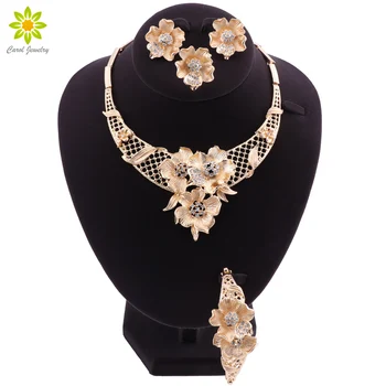 Nové Indické Šperky Set svatební Svatební Crystal Dubaj Zlaté Šperky Set pro Ženy Květina ve Tvaru Náhrdelník Náušnice Náramek Prsten Sady