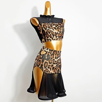 Nové Latin Dance Šaty pro Dospělé Sexy Topy Latin Dance Sukně Leopard Výkon Oblečení Ženy, Salsa, Samba, Cha-Cha Kostým VDB2285