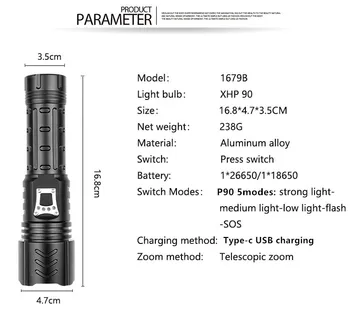 Nové XHP90 LED Svítilna USB Nabíjecí Svítilna Vodotěsná Svítilna Hunting Pochodeň Taktická Baterka Použití 18650 Baterie