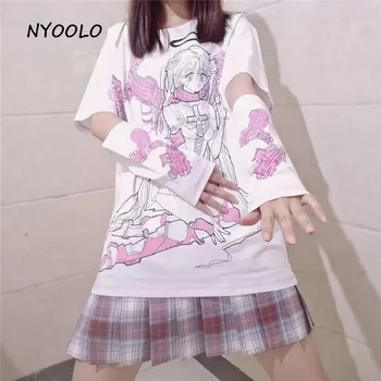 NYOOLO Harajuku streetwear mechanický anděl tisk krátký rukáv T-shirt ženy Letní oblečení O-krk sladké dívky bílé topy tee