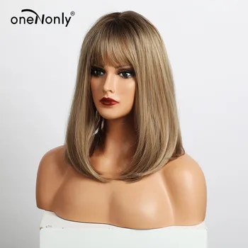 OneNonly Středně dlouhé Rovné Ombre Hnědé Blond Syntetické Paruky s Ofinou pro Ženy Cosplay Přírodní Vlasy Paruka Tepelně Odolné
