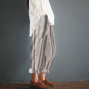 Plus Velikosti 5XL Bavlna Povlečení Mori Dívka Literatury Tepláky Ženy Harajuku Harem Kalhoty Ležérní Vintage Kapesní Pruhované Tisk Kalhoty