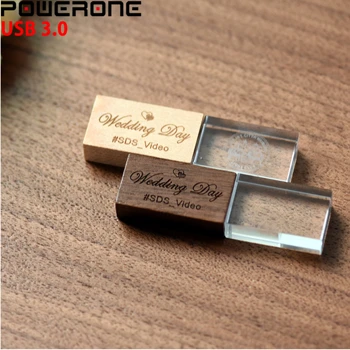 POWERONE USB 3.0 Svatební Fotografie zdarma Vlastní LOGO Dřevěné Crystal Dřevěné 64GB 32GB 16GB 4GB paměti flashs stick pen drive