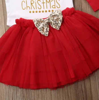 Pudcoco Novorozeně Dívka Šaty Moje 1. Vánoce s Krátkým Rukávem Romper Topy Mini Tuller Sukně, Čelenka, Návleky 4ks Oblečení