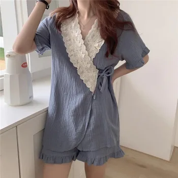 Pyžama Nastaví Ženy Nové Módní Krátký Rukáv V-neck oblečení na Spaní Dva kusy Dámské Pyžamo Lounge Prodyšný materiál s Potiskem Letní Korean