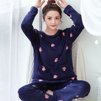 Pyžama Nastaví Ženy Volný čas Coral Velvet Denní Zahušťování Teplé korejský Styl Dámské Měkké O-krk Elegantní oblečení na Spaní Nové Tištěné Volné