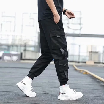 Pánské Boční Kapsy Cargo Kalhoty Harém 2020 Stuhy Černá Hip Hop Ležérní Mužské Běžci Kalhoty Módní Ležérní Streetwear Kalhoty