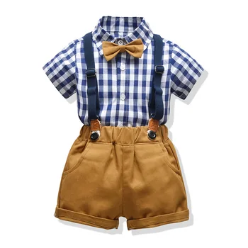Přeshraniční Letní Oblečení pro Chlapce, dětské Kostkované Oblek s Krátkým rukávem Košile Chlapec Šortky Chlapce, dětské Oblečení pro Zpracování