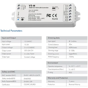RGBCCT LED Ovladač 12V 24V 5CH PWM RF Bezdrátové Dálkové ovládání Smart Wi-fi RGBWW Regulátor pro 5050 2835 RGBWW RGBCCT LED Strip V5-M