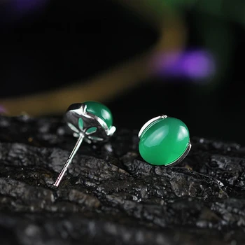 Romantický Zelený Kámen Achát Náušnice Pro Ženy S925 Sterling Silver Náušnice Ručně vyráběné Malé Kulaté Chalcedon Šperky SE12