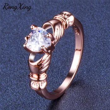 RongXing Luxusní Srdce Claddagh Prsten Růžové Zlato Naplněné. dubna Kámen AAA Bílý Zirkon Svatba Módní Šperky Milence Dárek RR0024