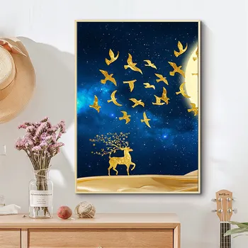 Rám Obrázky Domova Nordic Zlatý Jelen Krajina HD Tištěné Moderní Malířské Plátno Umění Zdi Modulární Plakát