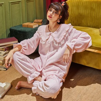 Růžový Kawaii Pyžamový Set Plus Velikost Roztomilý Lingere Dámská Zimní Flanel Fleece Pyžamo, Oblečení Na Spaní Tlusté Teplé Coral Sametové Domácí Šaty