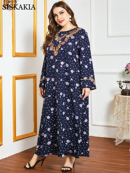 Siskakia Vintage Etnické Výšivky Maxi Šaty pro Ženy Spadnout 2020 Plus Velikost Dlouhý Rukáv Turecko arabské Muslimské Šaty Námořnická Modrá
