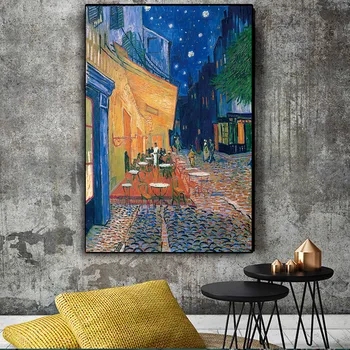 Slavný Van Gogh Kavárna Terasa V Noci, olejomalba Reprodukce na Plátně, Plakáty a Tisky Umění Zdi Obraz pro Obývací Pokoj