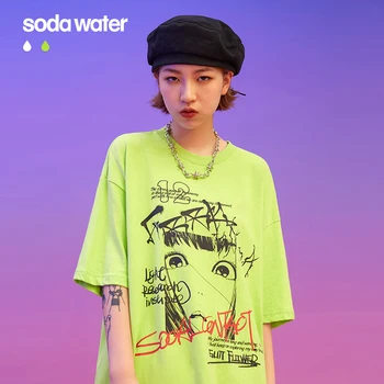 SODAWATER 2020 Letní Print Tričko Nadrozměrné Bavlněné Ženy O-neck Top Tees Volné Fit Dívky Streetwear Letní tričko 1038S20