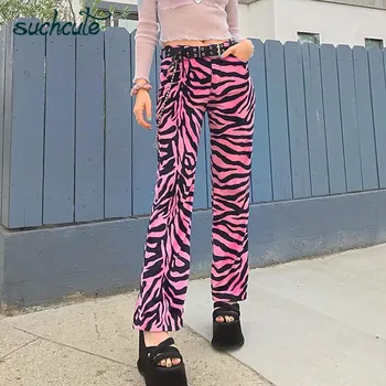 SUCHCUTE Zebra Kalhoty Pro Ženy Stripe Rovné Kalhoty Y2k Estetické Streetwear Kalhoty Vysoký Pas E Dívka, Ženské Běžců 90. let, Oblečení