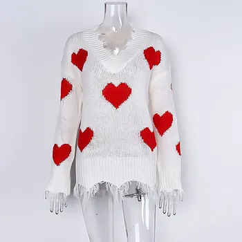 Svetry dámská zimní 2019 svetry pletené šaty módní Ženy bílé Burr Svetr pletený sexy V-neck lásku tisk svetr žena
