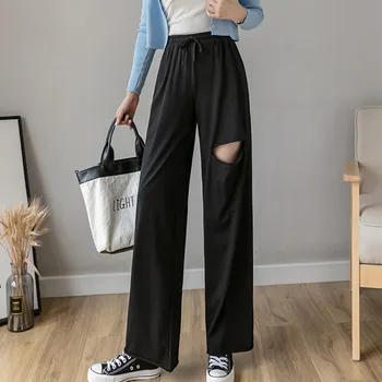 Tepláky Dámské Oblečení Roztrhané Kalhoty Streetwear 2020 Letní Módní Korejský Styl Širokou Nohu Volné Harajuku Černé Vysokým Pasem