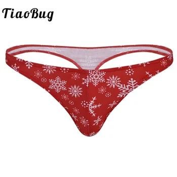 TiaoBug Pánské Nízké Vzestup Vločka Tištěné G String Tanga Stručný Červené Vánoční Kostým Sexy Muž Boule Pouzdro Spodní Prádlo Kalhotky
