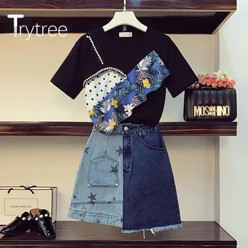 Trytree 2020 Letní Ženy Dva Dílná Sada Příležitostné O-krk Patchwork Tisk Volánky T-shirt Topy + Sukně Hvězda-line Mini Sada 2 Ks