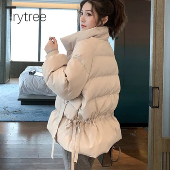 Trytree dámská Bunda 2020 Zimní Ležérní Kapsy Plná Streetwear Oversize Polstrovaný Bunda na Zip, Volné Přizpůsobit Pás dámský Kabát