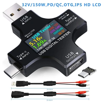 USB C Tester,2 v 1, Typ C USB Tester Barva Sn IPS Digitální Multimetr,Napětí,Proud,Výkon,Odpor,Teplota,s Klipem
