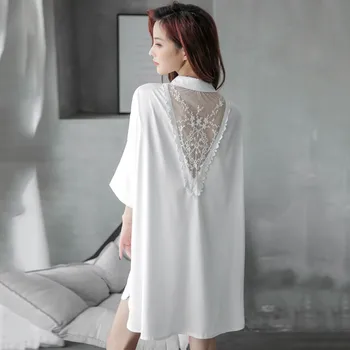 V-Neck Bílé Sleepshirt Ženy Noční Košile Sexy Mini Neformální Satén Volné Oblečení Na Spaní Noční Košili S Knoflíky Kimono Župan Šaty