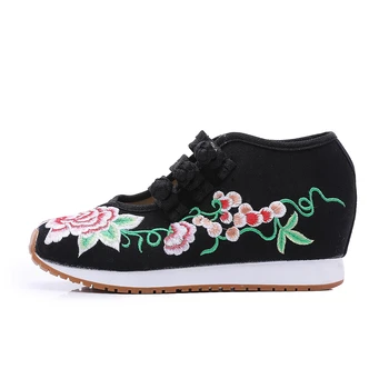 Veowalk Květinové Výšivky Žen Bavlněné Tkaniny Boty Dámy Vintage Čínský Styl Měkké Plátno Chůze Byty Platforma Zapatos Mujer