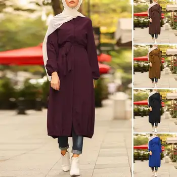 Vintage Solidní Muslimské Šaty Dámské Puff Sleeve ZANZEA letní Šaty Ležérní Tlačítko Midi Vestidos Páskem Ženské Solidní šaty Plus Velikost