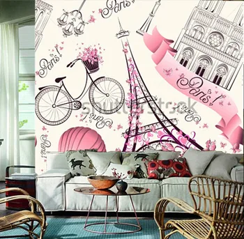 Vlastní 3D velké nástěnné malby, paříž symboly, vzor romantické cestování v Paříži, obývací pokoj pohovka, TV stěna ložnice pozadí wall paper