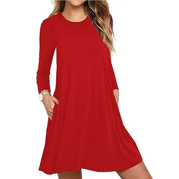 Volné dlouhý rukáv ženy šaty ležérní kapsy plná barva o-neck cvičení line vestidos WL24