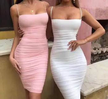 Vysoce Kvalitní Růžové Bílé Slip Ok Hedvábí Obvaz Šaty Elegantní Večerní Party Šaty Vestidos