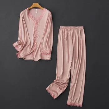 Vytvoření 101 simulace hedvábné pyžamo dámské domácí ležérní jednoduché hedvábné pyžamo s dlouhým rukávem home service oblek