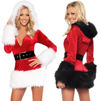 Vánoční Šaty Vysoce Kvalitní Red Černé Sexy Dámské Sametové Šaty Santa Kostým pro Dospělé Paní Santa Claus Oblečení pro Ženy s Kapucí, Pásek