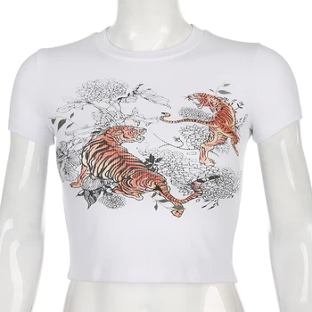Weekeep Streetwear Tiger Vytisknout Bílé O-neck Krátký Rukáv t shirt Ženy Ostříhané Sexy Bodycon Tee Shirt Femme Vrcholy