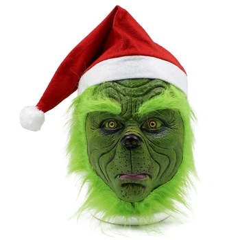 Zelený Grinch Maska Legrační Karneval Vánoční Monstrum Cosplay Kostým Party Rekvizity Plnou Masku Zelené Vlasy Grinch Ukradl Latexové Masky