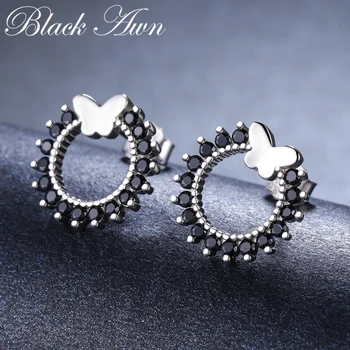 Černá Awn Nové 925 Sterling Silver, Přírodní Černý Spinel Kulaté Butterfly Svatební Náušnice pro Ženy Jemné Šperky Bijoux I099