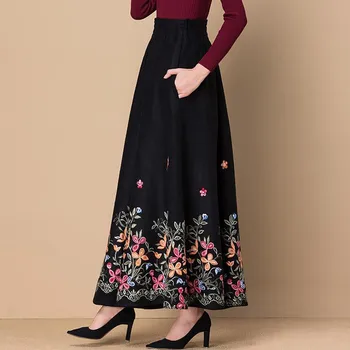 Černá Fllower Vyšívané Vlněné Maxi Sukně Ženy Elegantní Vysokým Pasem Casual Sukně Máma Módní Plus Velikosti Sukně Office Lady Oblečení