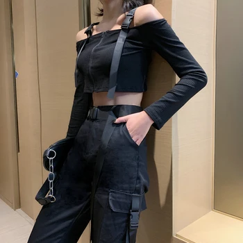 Černé Gothic Ženy Sady 2019 Jaro Léto 2 Dílná Sada Sexy Crop Top Cargo Kalhoty s Vysokým Pasem Kalhoty Hip Hop Dámské oblečení