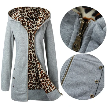 Ženy Bunda Silnější Mikina s Kapucí Leopard Zip Kabát Ženy Plus Sametové Kabát Vynosit Dámské Podzimní Bunda