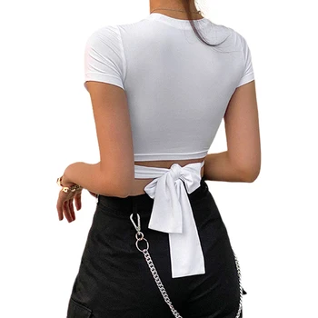 Ženy Letní Bílé Sexy Kolem Krku Top Obvaz Slim Fit Krátké Pupku T-košile