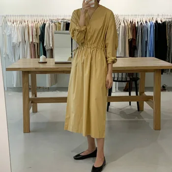 Ženy Podzim Žluté Dlouhé V Krku Vintage Šaty Dámské - Line Šňůrky, Dlouhý Rukáv Plus Velikost Šaty Plus Velikost Slim Pasu